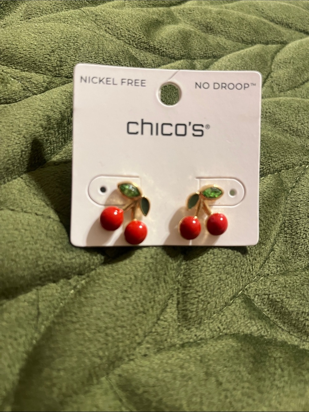 Chico's Red Cherry Stud Earrings with Green Leaves